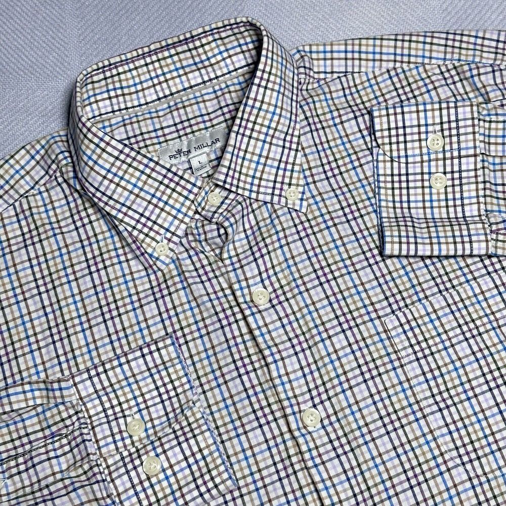 Peter Millar White Multicolor Plaid Button Down Pocket‎ Shirt Men's Size Large